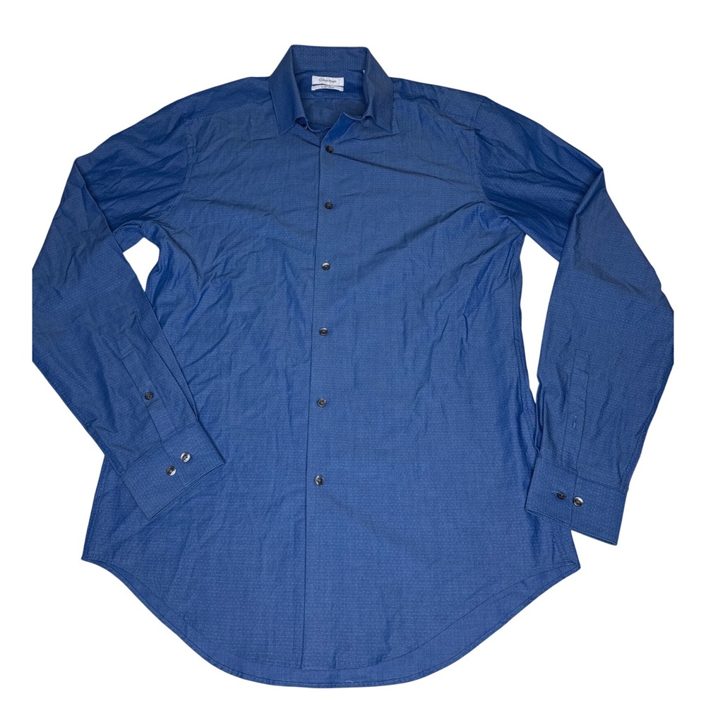 Calvin Klein Shirt Mens M 15-15.5 Blue Stretch Slim Fit Long Sleeve Button Down